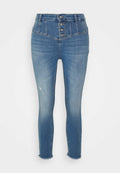 Hoch-taillierte blaue Jeans mit einer figurnahen Form, aus Denim gefertigt. Fünf-Knopf-Verschluss, leichte Blessuren und fransiger Saum.
