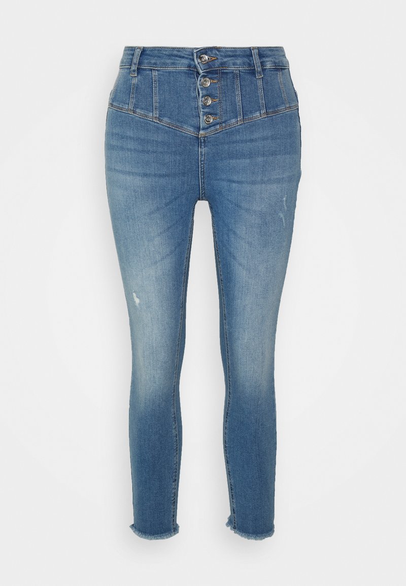 Hoch-taillierte blaue Jeans mit einer figurnahen Form, aus Denim gefertigt. Fünf-Knopf-Verschluss, leichte Blessuren und fransiger Saum.