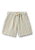 Leichte Shorts mit gestreiftem Muster in Grün, Beige und Blau. Mit Kordelzug am Bund und Seitentaschen. Strukturierter Stoff.