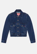 Dunkelblaues Denim-Jacket mit Knopfleiste, zwei Fronttaschen und elastischem, verkürztem Saum. Verfügt über einen abgerundeten Kragen und Stichdetails.