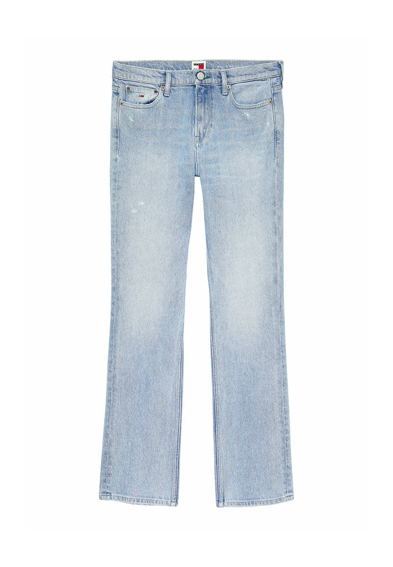 Hellblaue Jeans im Bootcut-Stil mit verblasster Optik, fünf Taschen und einem vorderen Knopfverschluss. Mit Nähten entlang der Nähte.