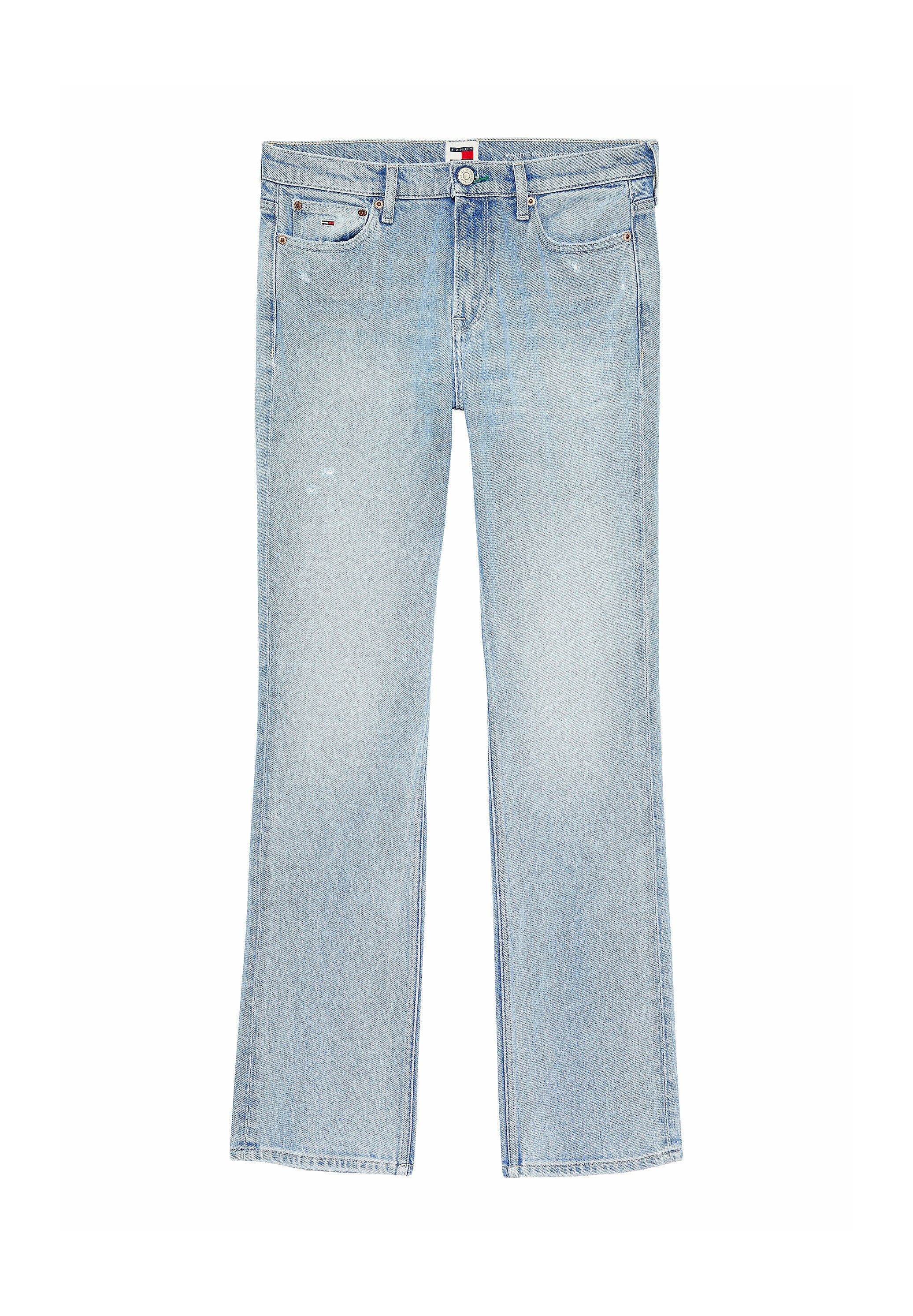 Hellblaue Jeans im Bootcut-Stil mit verblasster Optik, fünf Taschen und einem vorderen Knopfverschluss. Mit Nähten entlang der Nähte.