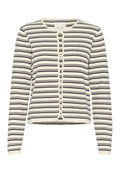 Langärmlige Strickjacke in cremefarbenen und marineblauen Streifen, mit Rundhalsausschnitt und Knopfverschluss. Hergestellt aus einem weichen Strickmaterial mit feiner Textur.