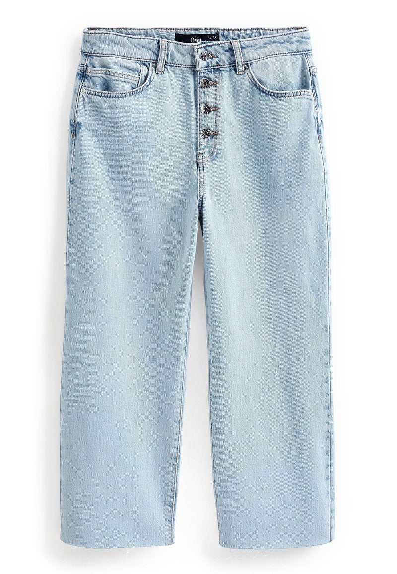 Hellblaue Denim-Jeans im weiten Schnitt mit hoher Taille, fünf Taschen und einem Knopfverschluss mit fünf Knöpfen, ausgefranstem Knöchelabschluss und kontrastierenden Nähten.