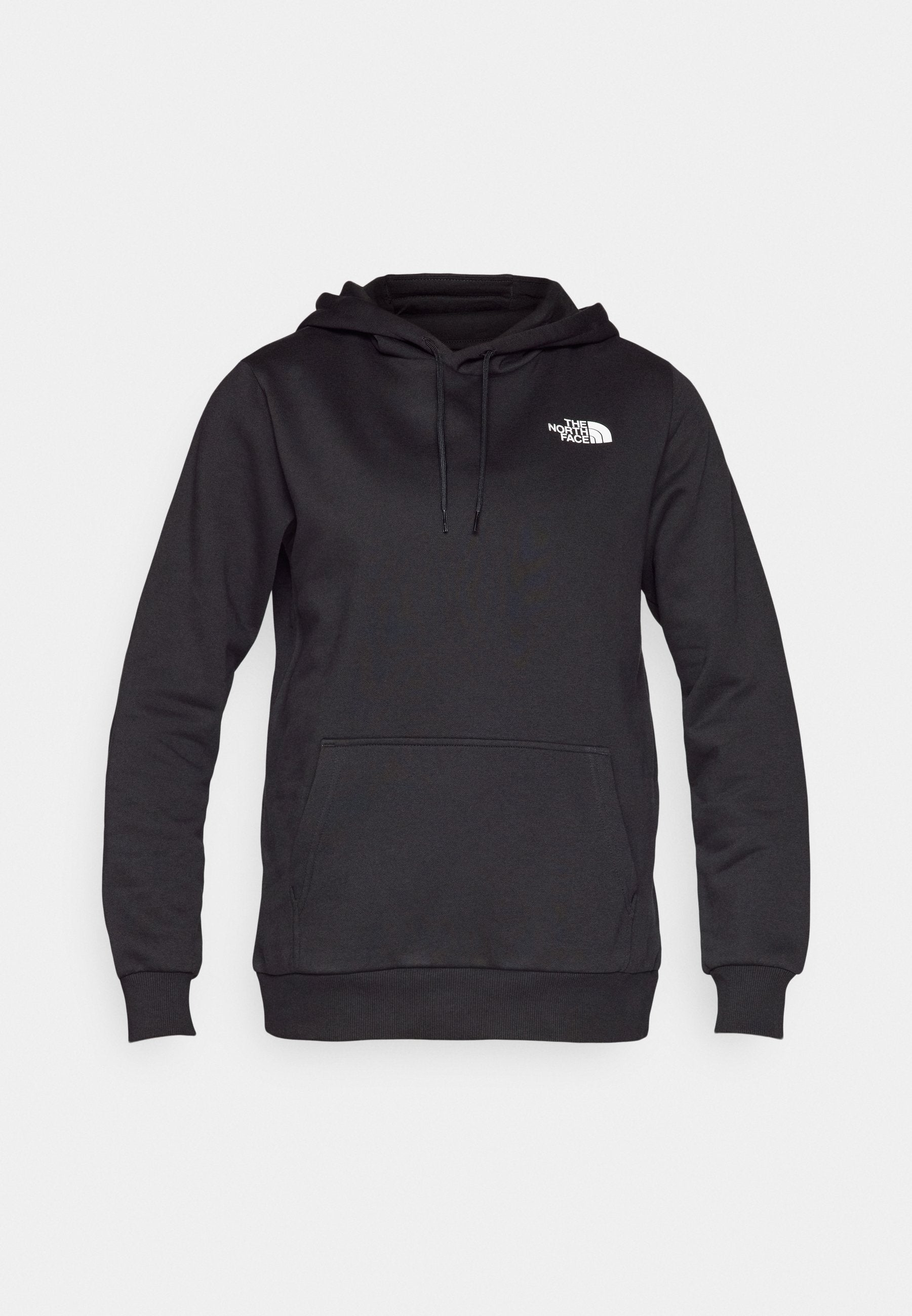 Schwarzer Kapuzensweatshirt aus Baumwollmischung, mit einer Kängurutasche und einem weißen Logo auf der Brust. Weicher Stoff und lange Ärmel.