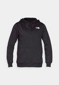Schwarzer Kapuzensweatshirt aus Baumwollmischung, mit einer Kängurutasche und einem weißen Logo auf der Brust. Weicher Stoff und lange Ärmel.