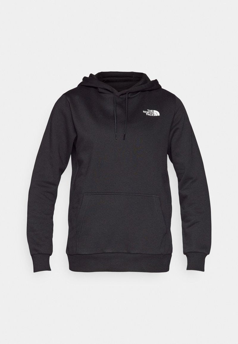 Schwarzer Kapuzensweatshirt aus Baumwollmischung, mit einer Kängurutasche und einem weißen Logo auf der Brust. Weicher Stoff und lange Ärmel.