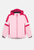 Kinder-Winterjacke in Hellrosa mit dunkelrosa Kapuze und Schultern, weißen und dunkelrosa Streifen an den Ärmeln und Taschen, mit einem Reißverschluss vorne.