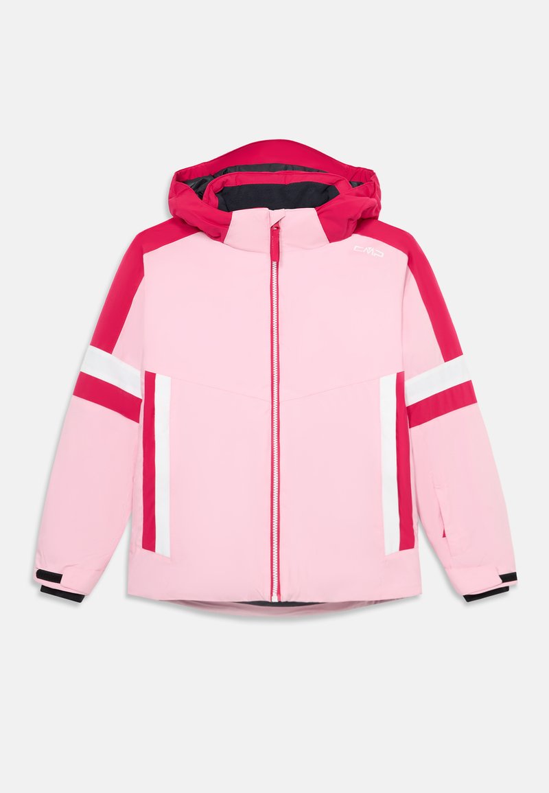 Kinder-Winterjacke in Hellrosa mit dunkelrosa Kapuze und Schultern, weißen und dunkelrosa Streifen an den Ärmeln und Taschen, mit einem Reißverschluss vorne.