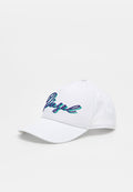 Weißes Baseballcap mit gebogenem Schirm, auf der Vorderseite mit mehrfarbiger "Diesel"-Stickerei in Schreibschrift. Aus Baumwollmaterial.
