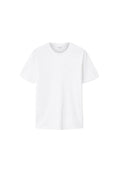 Weißes Baumwoll-T-Shirt mit kurzen Ärmeln, Rundhalsausschnitt und einem dezenten Logodetail auf der Brust. Weicher Stoff und entspannte Passform.
