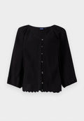Schwarze Bluse mit Knöpfen, dreiviertel Ärmeln, V-Ausschnitt, strukturiertem Stoff und floralem Stickerei an der Vorderseite. Mit gewelltem Saumdetails.
