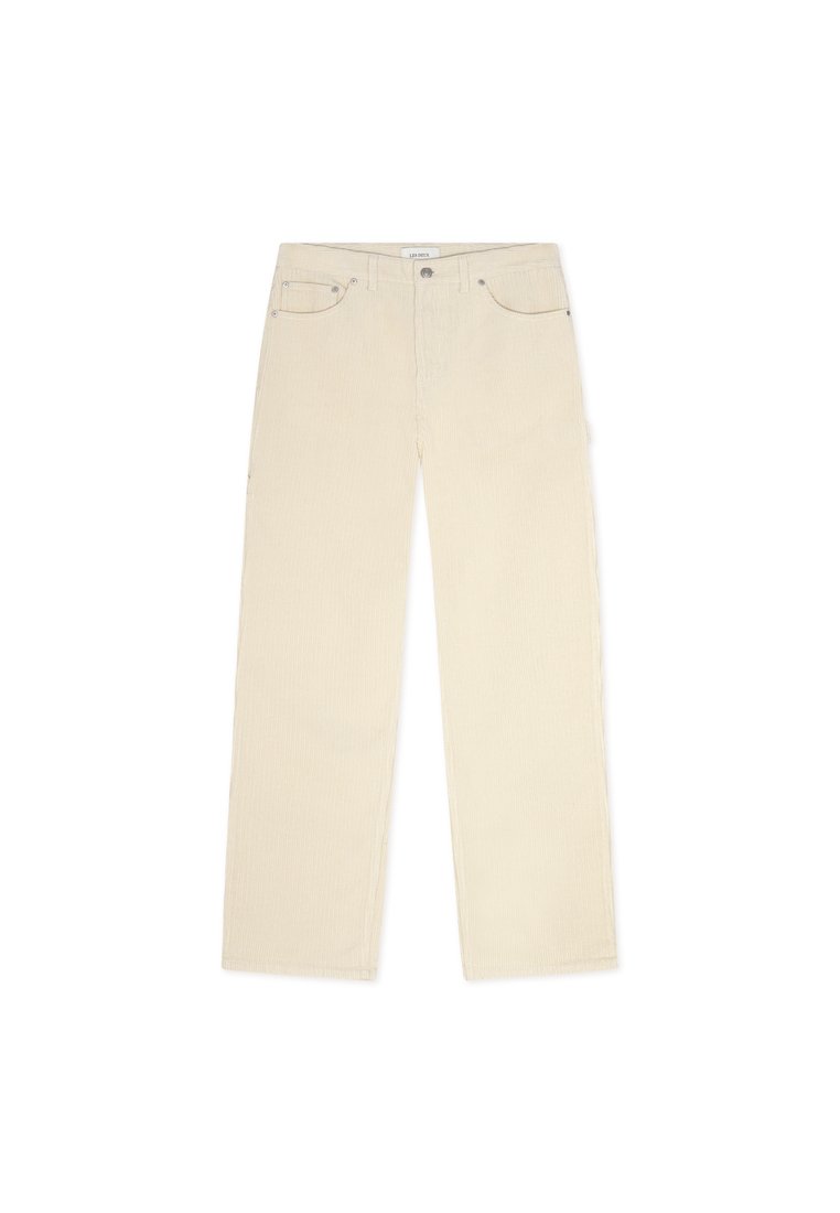 Beige Cordhosen mit geradem Bein, ausgestattet mit zwei Fronttaschen und einer dezenten Ripptextur. Metallelemente als Akzent vorhanden.