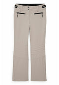 Beige Hosen mit schwarzen Taillenbunddetails, zwei vorderen Reißverschlusstaschen, doppeltem Knopfverschluss und gesteppten Kniefeldern.