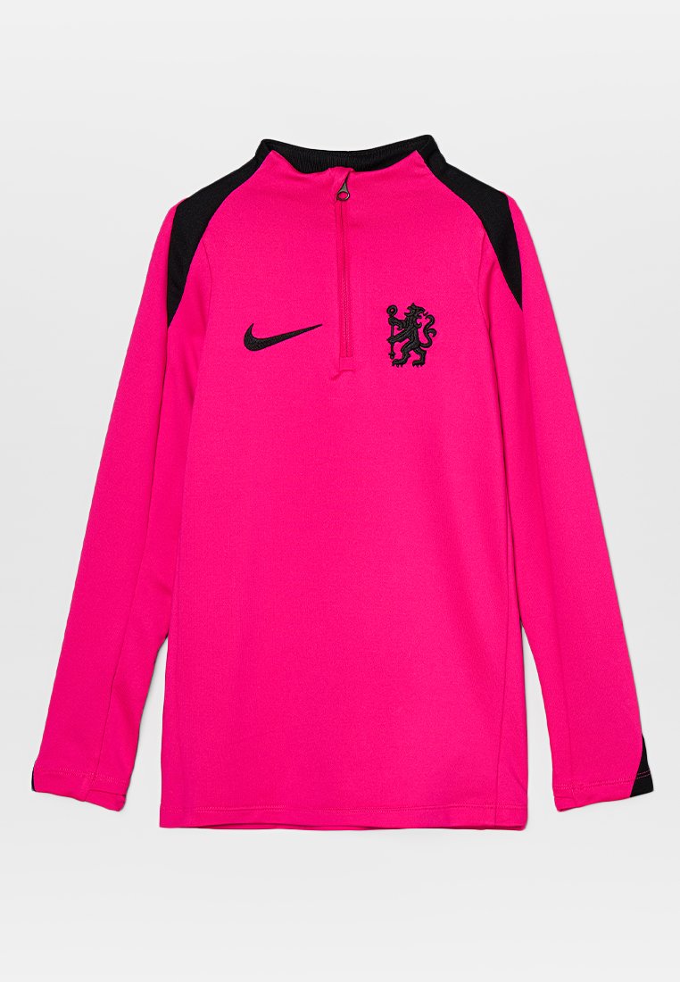 Langärmliges rosa Sportoberteil mit schwarzen Schulterakzenten, einem 1/4-Reißverschluss-Hals und einem Löwenemblem auf der linken Brust. Hergestellt aus einem glatten Stoff.