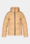 Beige Steppjacke mit Kapuze, mit einem Reißverschluss vorne, gestepptem Muster und zwei Seitentaschen. Hergestellt aus einem glatten, leichten Material.