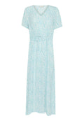 Hellblaues Blumenmusterkleid aus weichem Stoff, mit V-Ausschnitt, kurzen Ärmeln, elastischem Bund und einem gebundenen Detail.