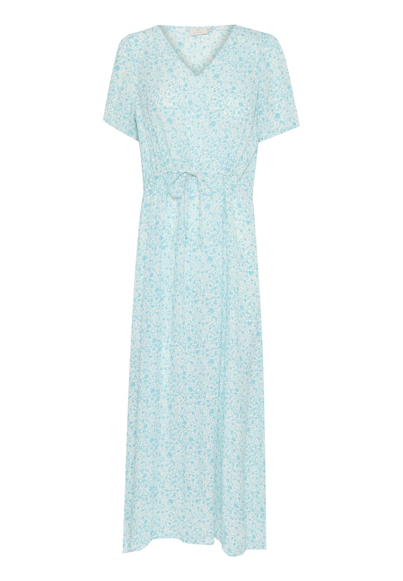 Hellblaues Blumenmusterkleid aus weichem Stoff, mit V-Ausschnitt, kurzen Ärmeln, elastischem Bund und einem gebundenen Detail.