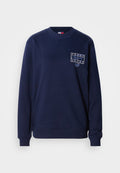 Marineblauer Pullover mit Rundhalsausschnitt, gerippten Bündchen und Saum. Verfügt über einen vorderen Logo-Aufnäher mit weißen Nähten und eine glatte Baumwollmaterialstruktur.