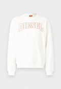 Weißes Sweatshirt mit langen Ärmeln, gerippten Bündchen und Saum, mit orange gesticktem "DIESEL"-Logo auf der Brust und einem runden Halsausschnitt.