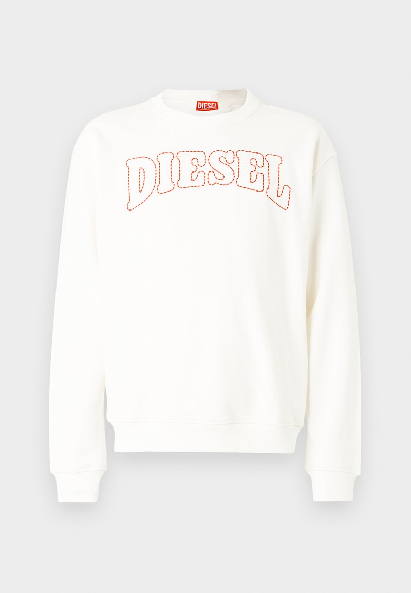 Weißes Sweatshirt mit langen Ärmeln, gerippten Bündchen und Saum, mit orange gesticktem "DIESEL"-Logo auf der Brust und einem runden Halsausschnitt.