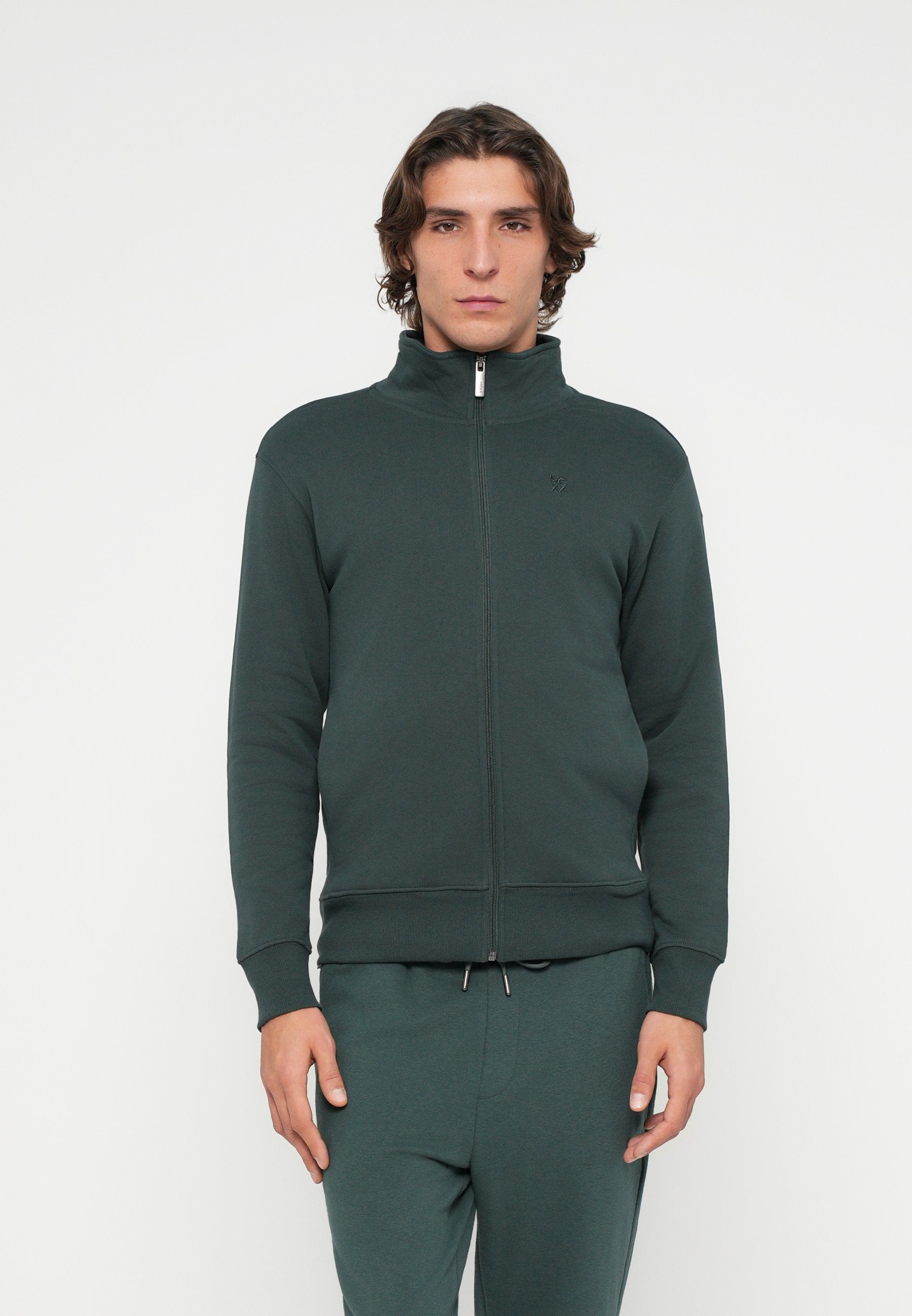 Dunkelgrüner Sweatshirt mit Reißverschluss, hohem Kragen, gerippten Bündchen und Bund; verfügt über ein dezentes Logo auf der Brust und eine strukturierte Stoffoberfläche.