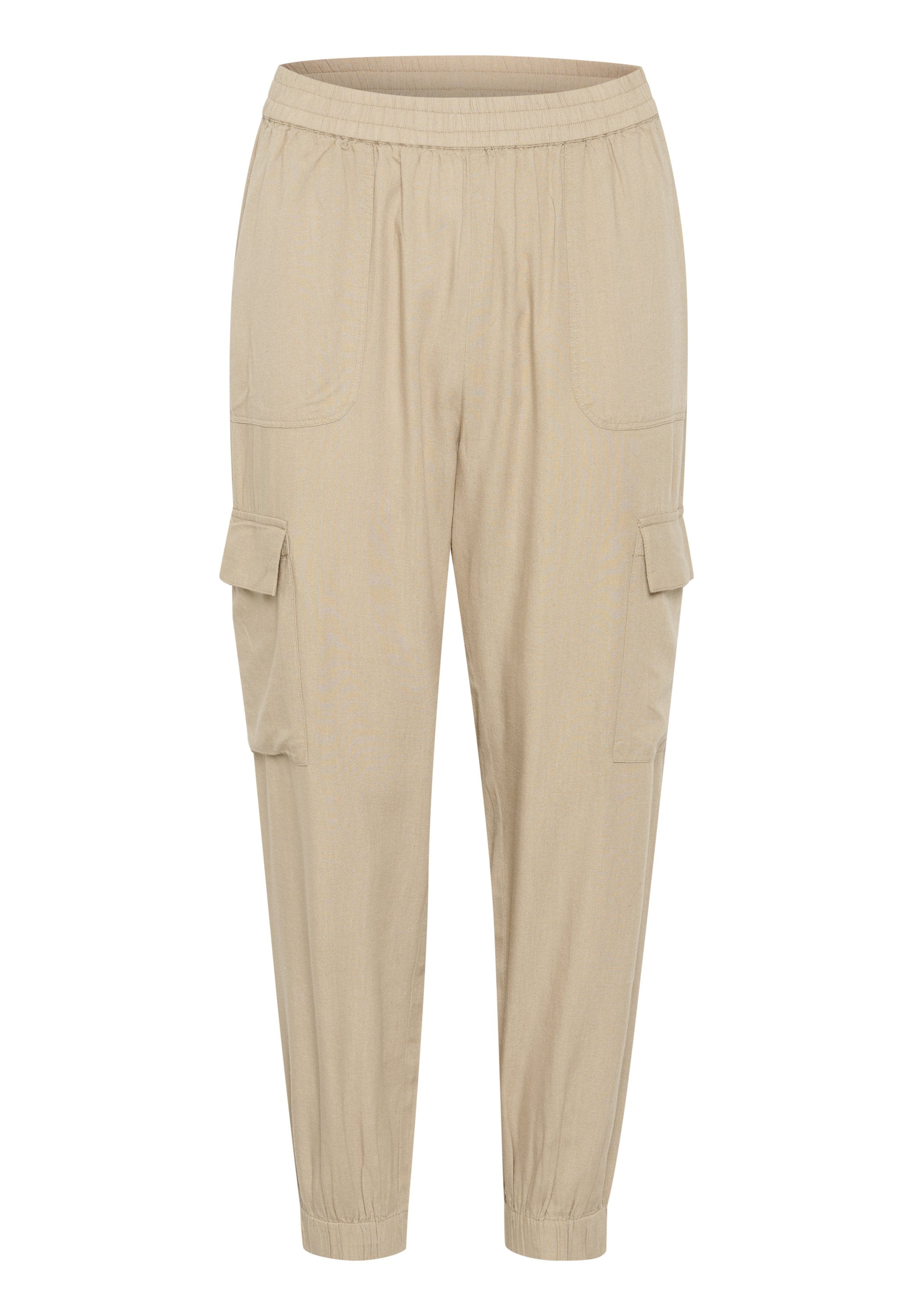 Beige Cargo-Hosen aus leichtem Material, mit Seitentaschen und elastischen Bündchen für eine lässige Passform. Glockige Textur mit dezentem Glanz.