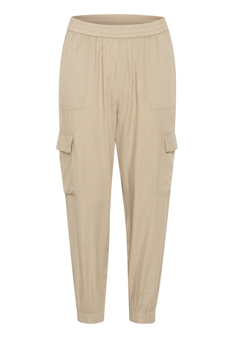 Beige Cargo-Hosen aus leichtem Material, mit Seitentaschen und elastischen Bündchen für eine lässige Passform. Glockige Textur mit dezentem Glanz.
