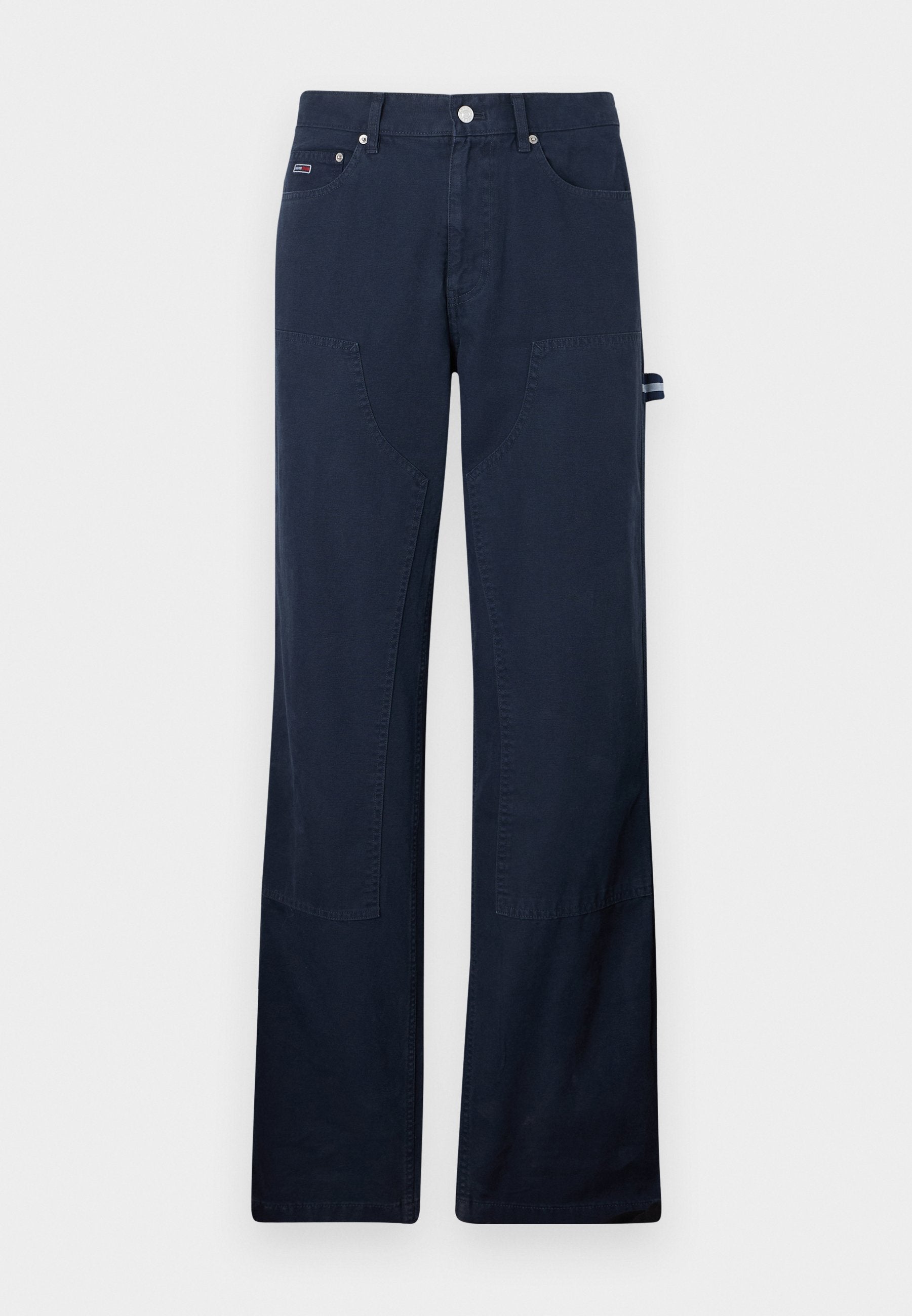 Marineblaue Baumwollhosen mit geraden Beinen, ausgestattet mit Fronttaschen, Nähdetails und einer seitlichen Schlaufe zur Befestigung von Werkzeugen.