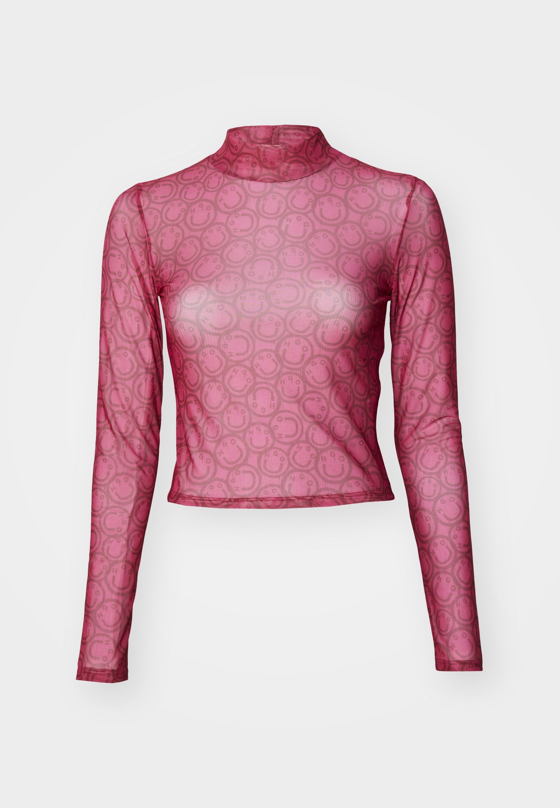 Langärmliges, tailliertes Oberteil aus durchscheinendem rosa Netz mit einem sich wiederholenden Smiley-Gesicht-Muster. Hochgeschlossener Design mit einer glatten, leichten Textur.