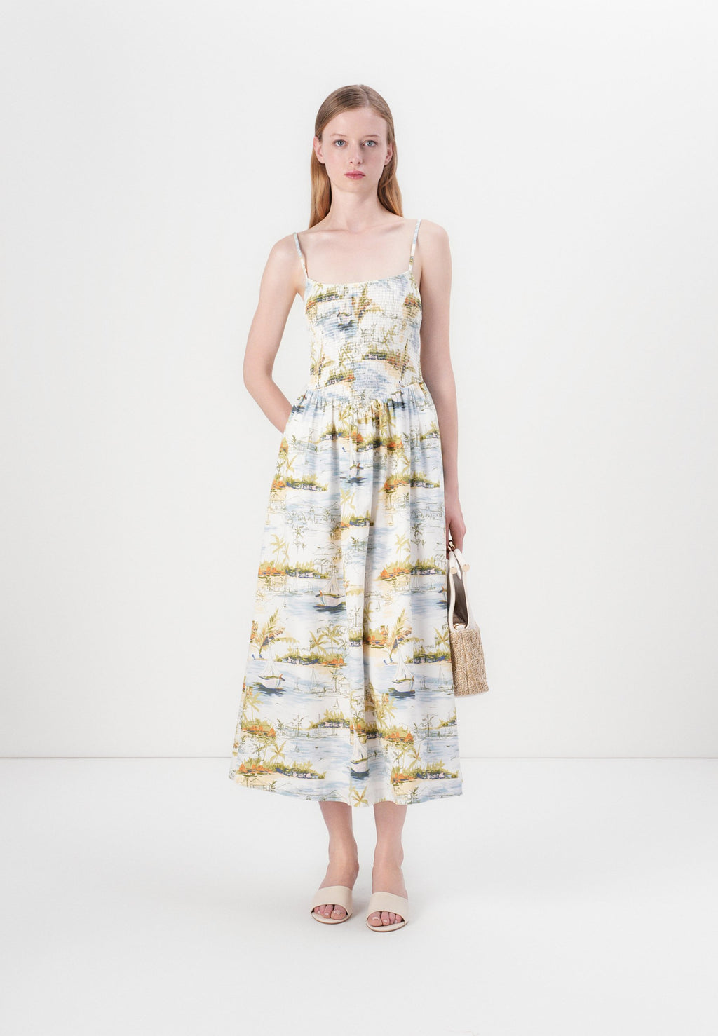 Abercrombie & Fitch SMOCKED DIP WAIST MIDI DRESS