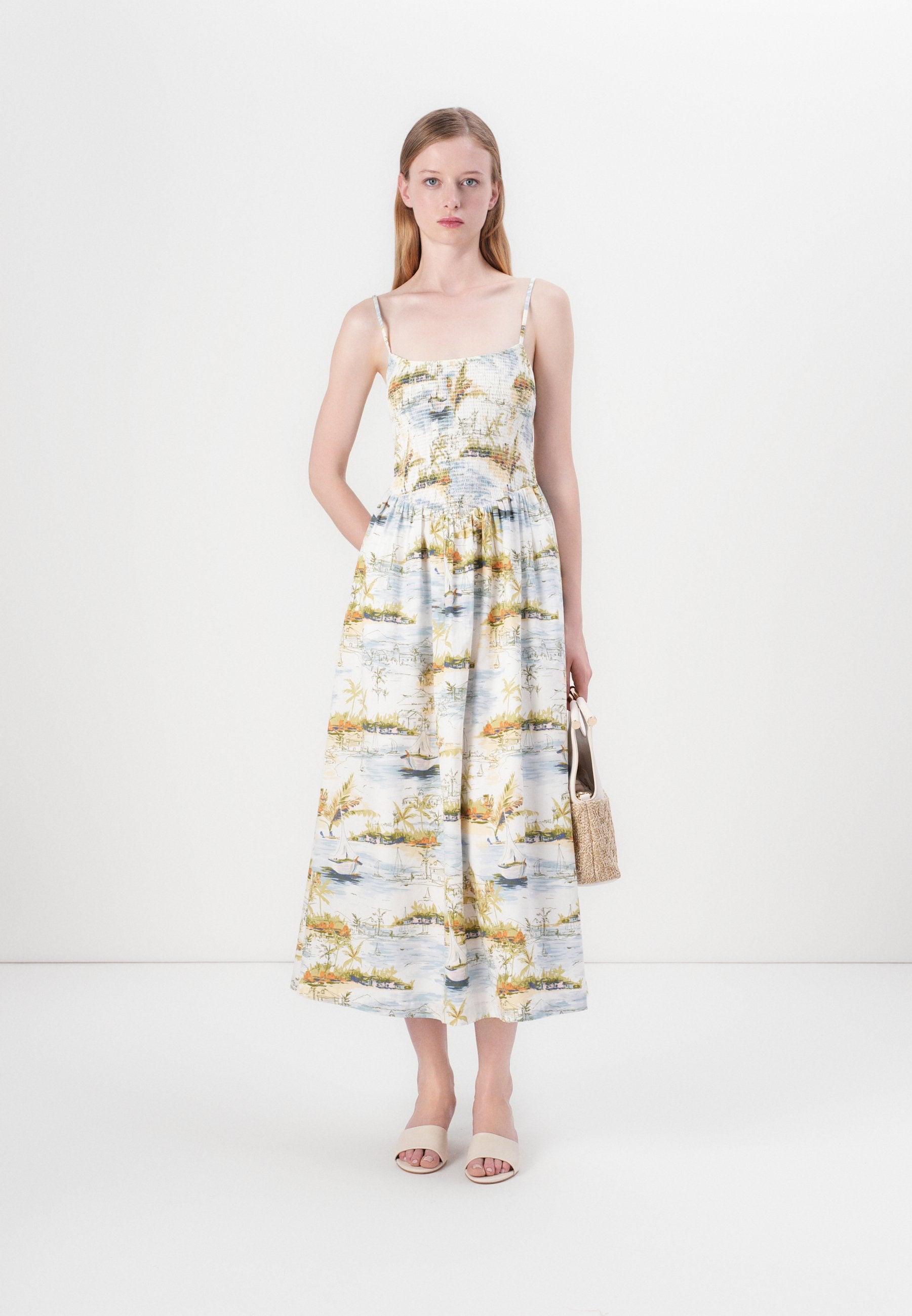 Abercrombie & Fitch SMOCKED DIP WAIST MIDI DRESS