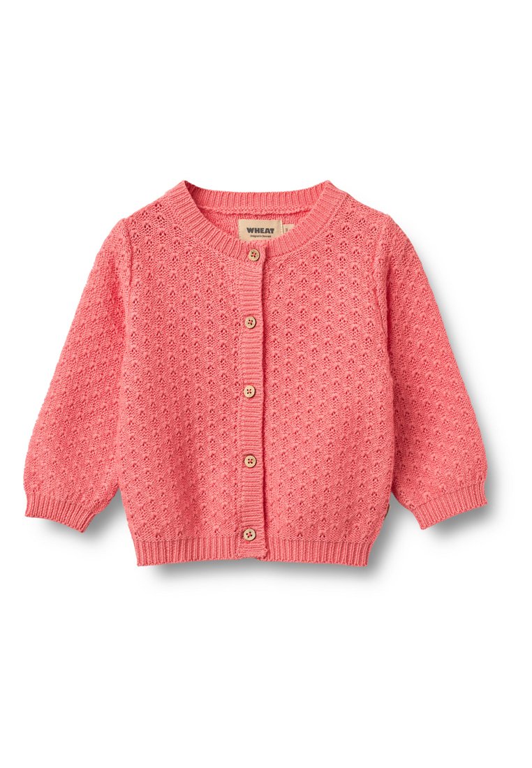 Rosa gestrickte Strickjacke mit strukturiertem Muster, rundem Ausschnitt und drei Knöpfen vorn. Bündchen und Saum gerippt.