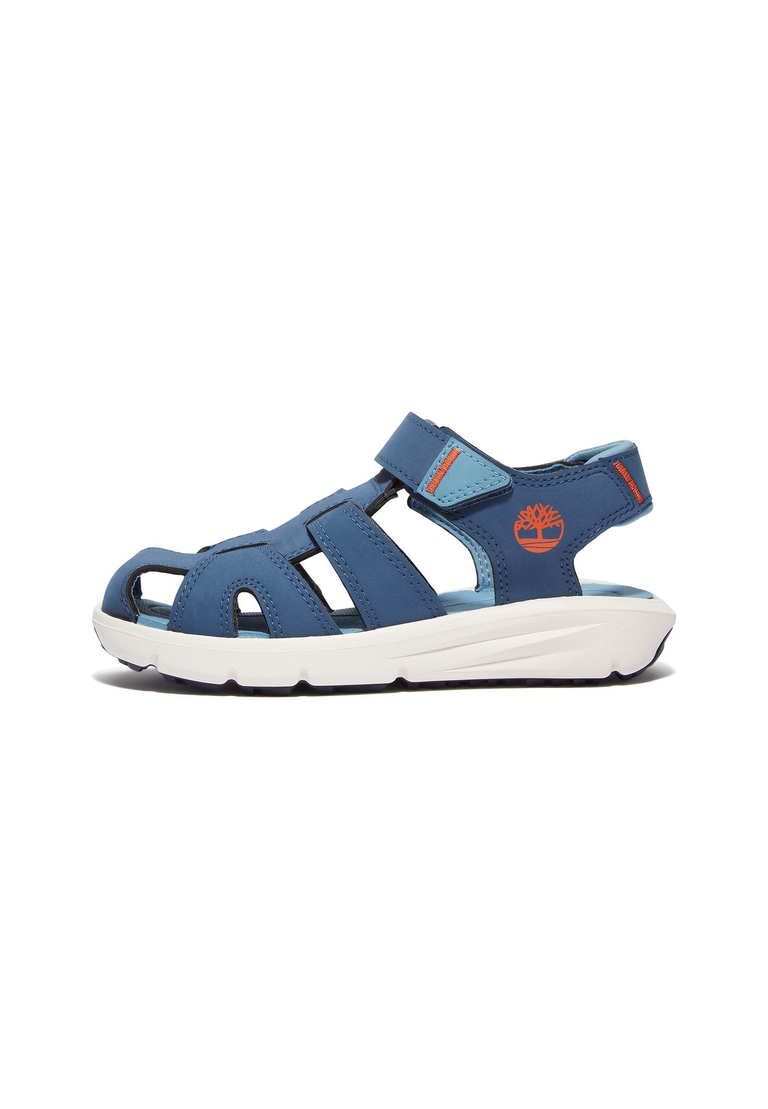 Blaue synthetische Sandalen mit offenem Design, Klettverschluss und weißer Sohle. Besitzt Aussparungen und ein dezentes Markenlogo in Orange.