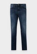 Dunkelblaue Jeans aus Denim mit schlanker Passform, gerade Beinform, fünf Taschen und silbernen Hardware-Details. Ausgebleichte Stofftextur.