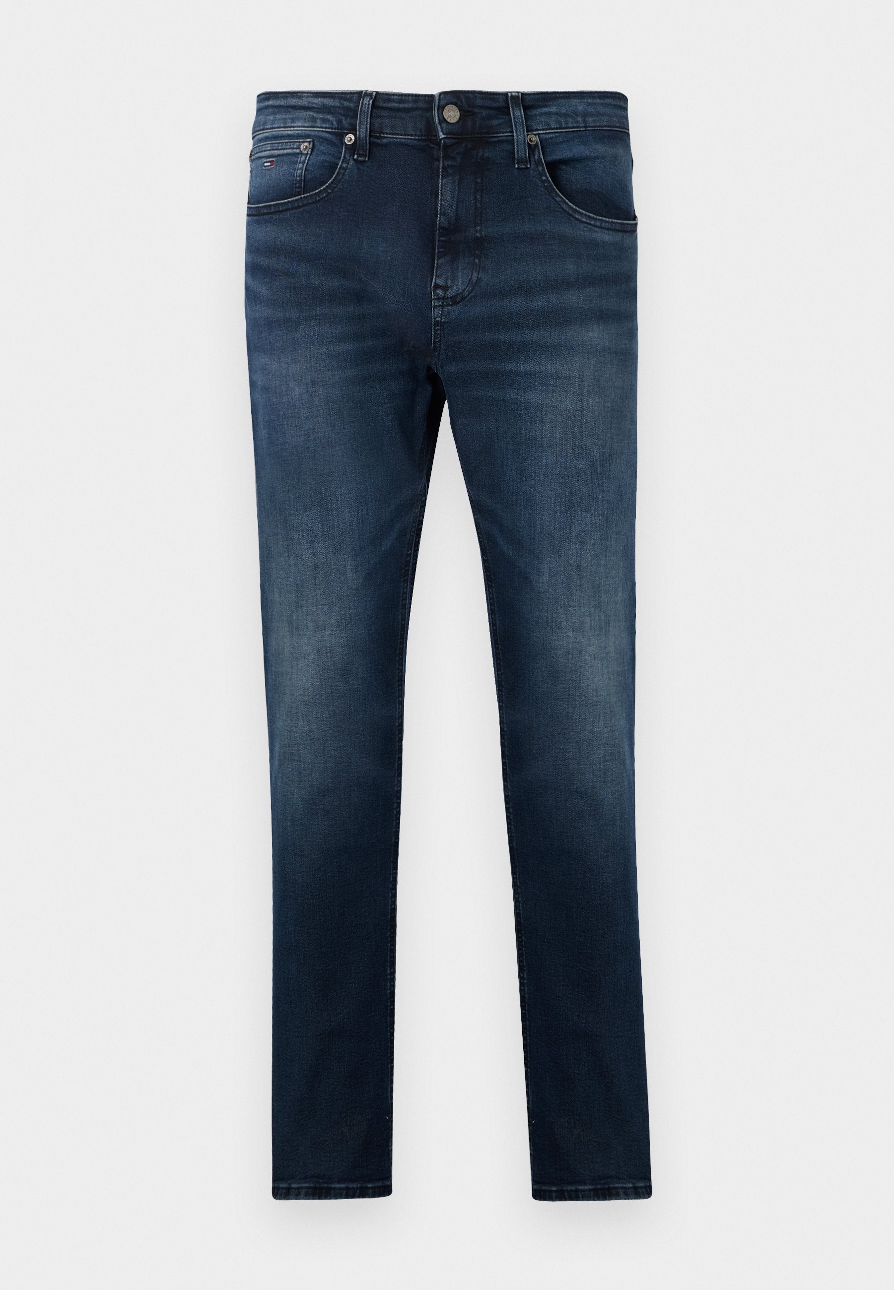 Dunkelblaue Jeans aus Denim mit schlanker Passform, gerade Beinform, fünf Taschen und silbernen Hardware-Details. Ausgebleichte Stofftextur.