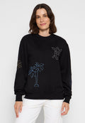 Schwarzer Sweatshirt mit buntem Palmenstickerei auf der Vorderseite und dem Ärmel, geripptem Rundhalsausschnitt und lockerer Passform.
