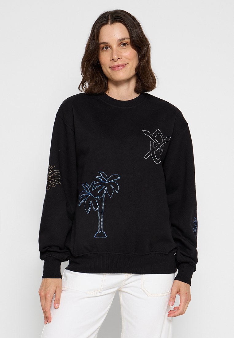 Schwarzer Sweatshirt mit buntem Palmenstickerei auf der Vorderseite und dem Ärmel, geripptem Rundhalsausschnitt und lockerer Passform.