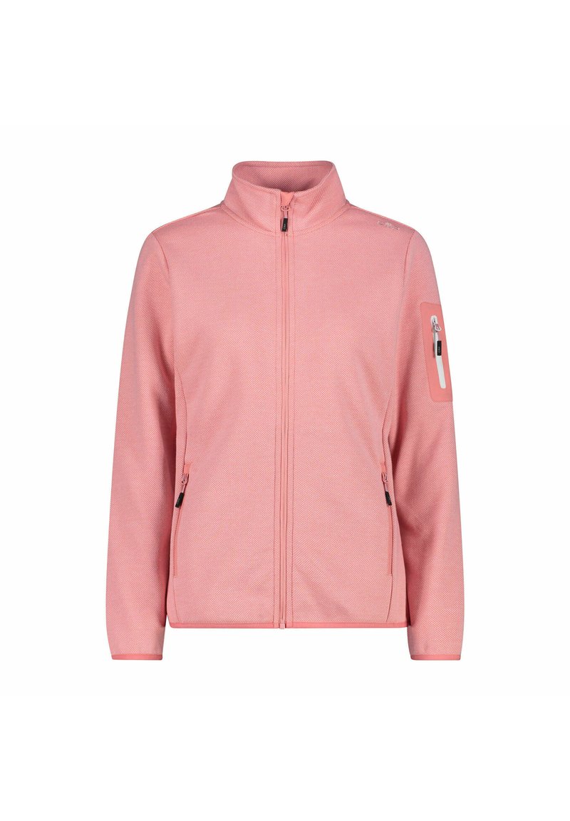 Rosa Zip-Jacke mit hohem Kragen, ausgestattet mit einem strukturierten Muster, zwei seitlichen Taschen und einer mit Reißverschluss versehenen Armtasche für zusätzlichen Komfort.