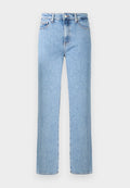 Hellblaue Jeans aus Denim mit geradem Bein, Knopfverschluss, Gürtelschlaufen sowie Vorder- und Gesäßtaschen. Leicht ausgewaschene Optik.