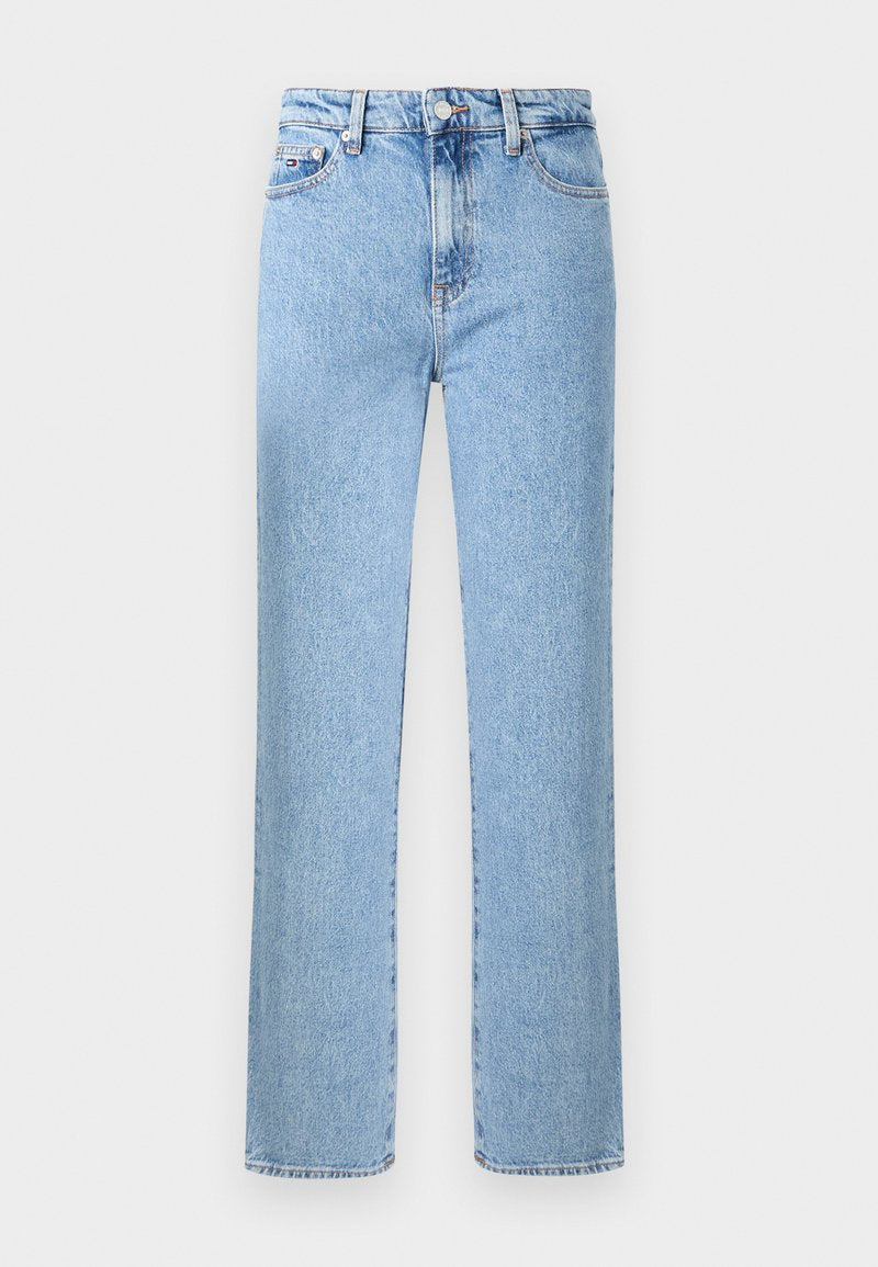 Hellblaue Jeans aus Denim mit geradem Bein, Knopfverschluss, Gürtelschlaufen sowie Vorder- und Gesäßtaschen. Leicht ausgewaschene Optik.