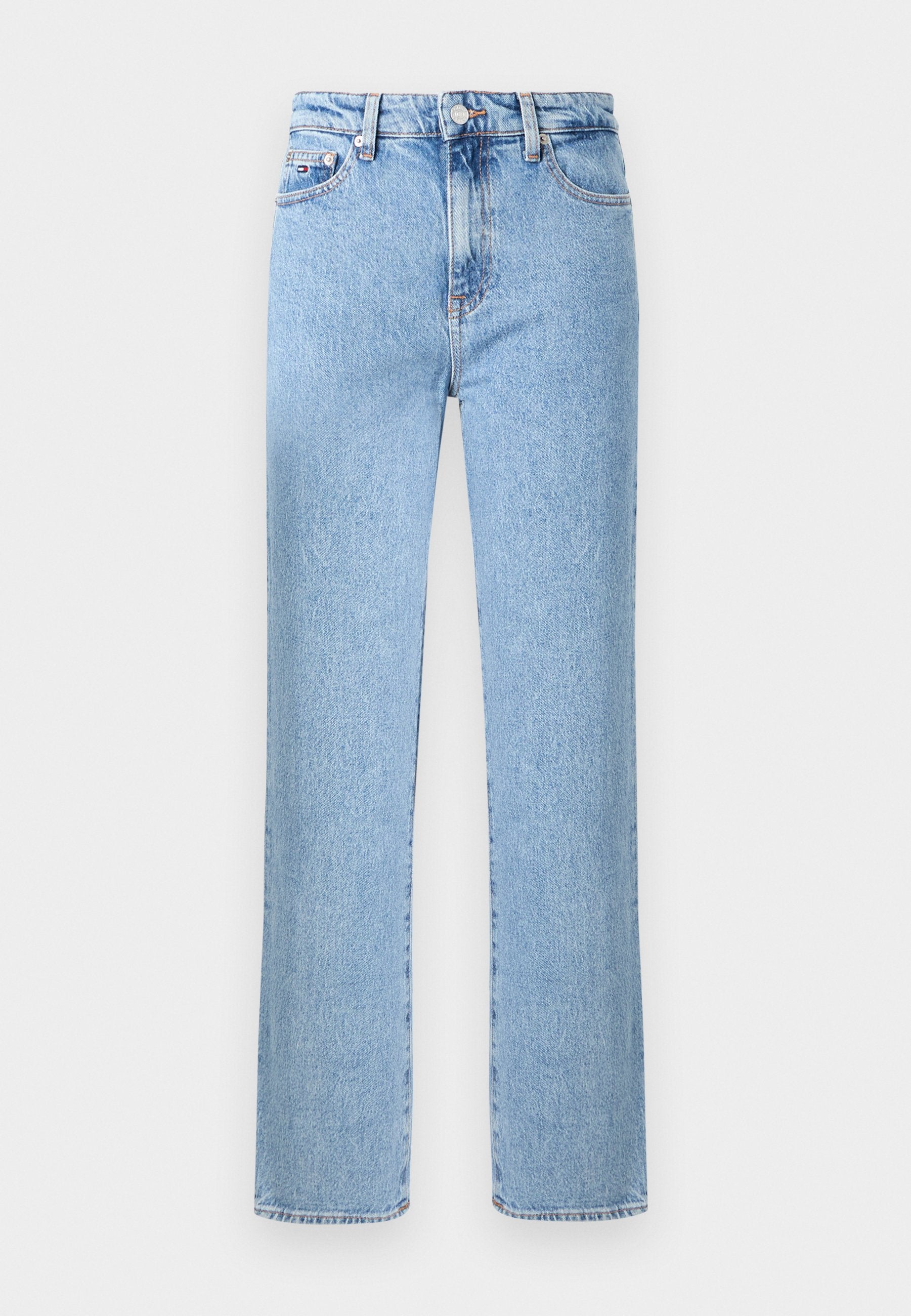 Hellblaue Jeans aus Denim mit geradem Bein, Knopfverschluss, Gürtelschlaufen sowie Vorder- und Gesäßtaschen. Leicht ausgewaschene Optik.