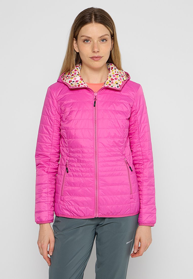 Leichte, rosa isolierte Jacke mit einem gemusterten Innenkragen, vorne mit Reißverschluss und seitlichen Taschen, in leicht taillierter Passform.