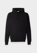 Schwarzer Hoodie aus Baumwollmischung mit Kängurutasche vorne, Kordelzugkapuze und einem kleinen roten "II"-Emblem auf der Brust.