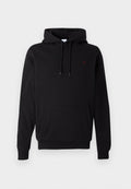 Schwarzer Hoodie aus Baumwollmischung mit Kängurutasche vorne, Kordelzugkapuze und einem kleinen roten "II"-Emblem auf der Brust.