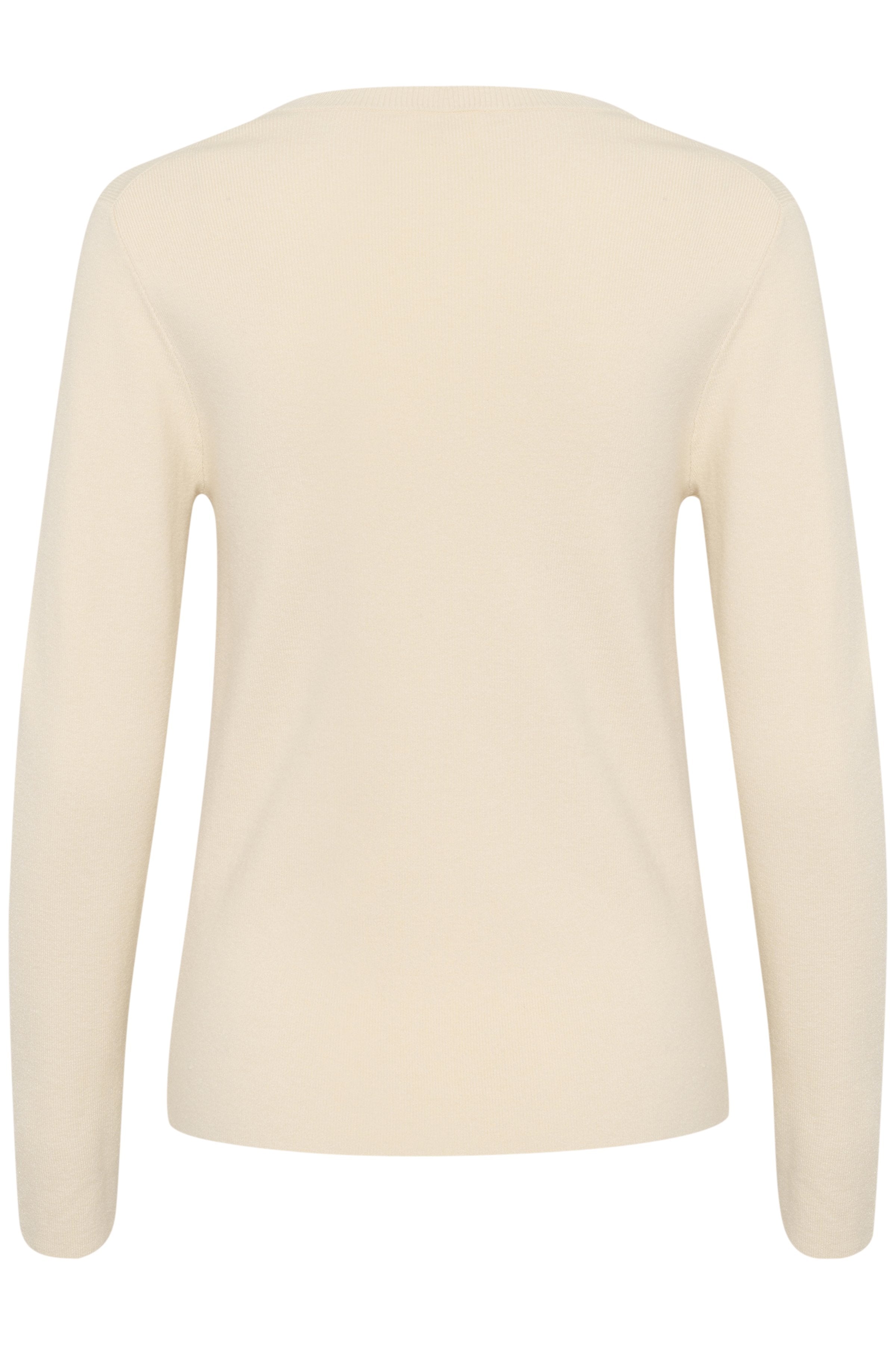 Langärmliger Pullover in cremigem Beige mit rundem Halsausschnitt und weichem Stricktextil, der ein einfaches, klares Rückendesign aufweist.