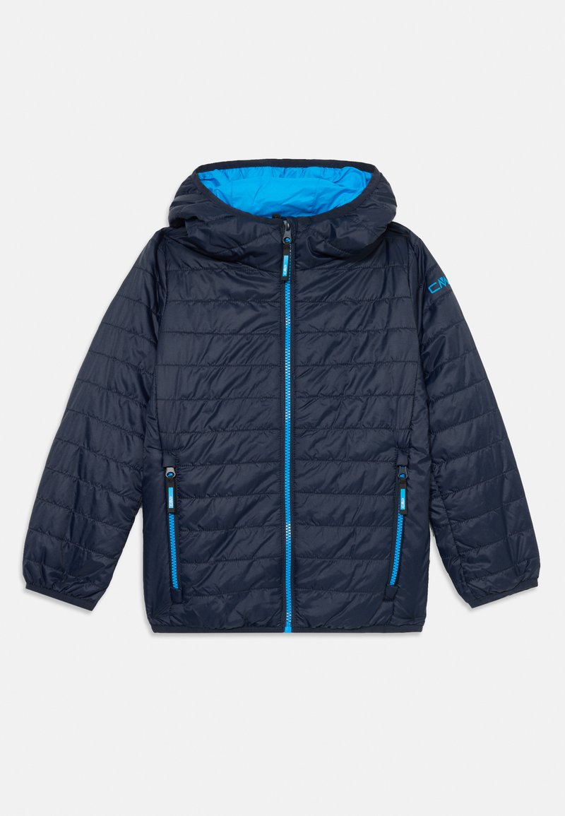 Navy Pufferjacke mit Kapuze. Hat ein hellblaues Innenfutter, einen Frontreißverschluss und zwei seitliche Reißverschlusstaschen. Texturiertes, gepolstertes Material.