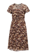 Braun-beiges, gemustertes Kleid mit kurzen Ärmeln, einem V-Ausschnitt und einer gerafften Taille. Verfügt über einen plissierten Rock und Knopfdetails.