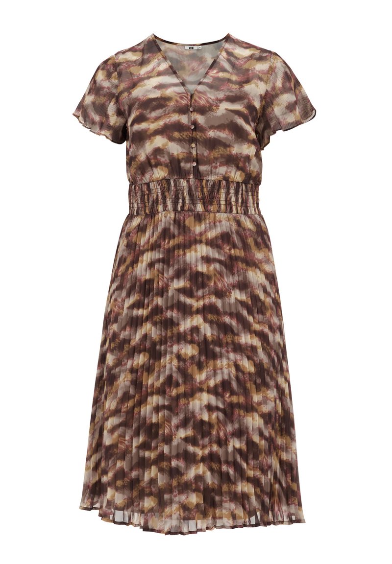 Braun-beiges, gemustertes Kleid mit kurzen Ärmeln, einem V-Ausschnitt und einer gerafften Taille. Verfügt über einen plissierten Rock und Knopfdetails.