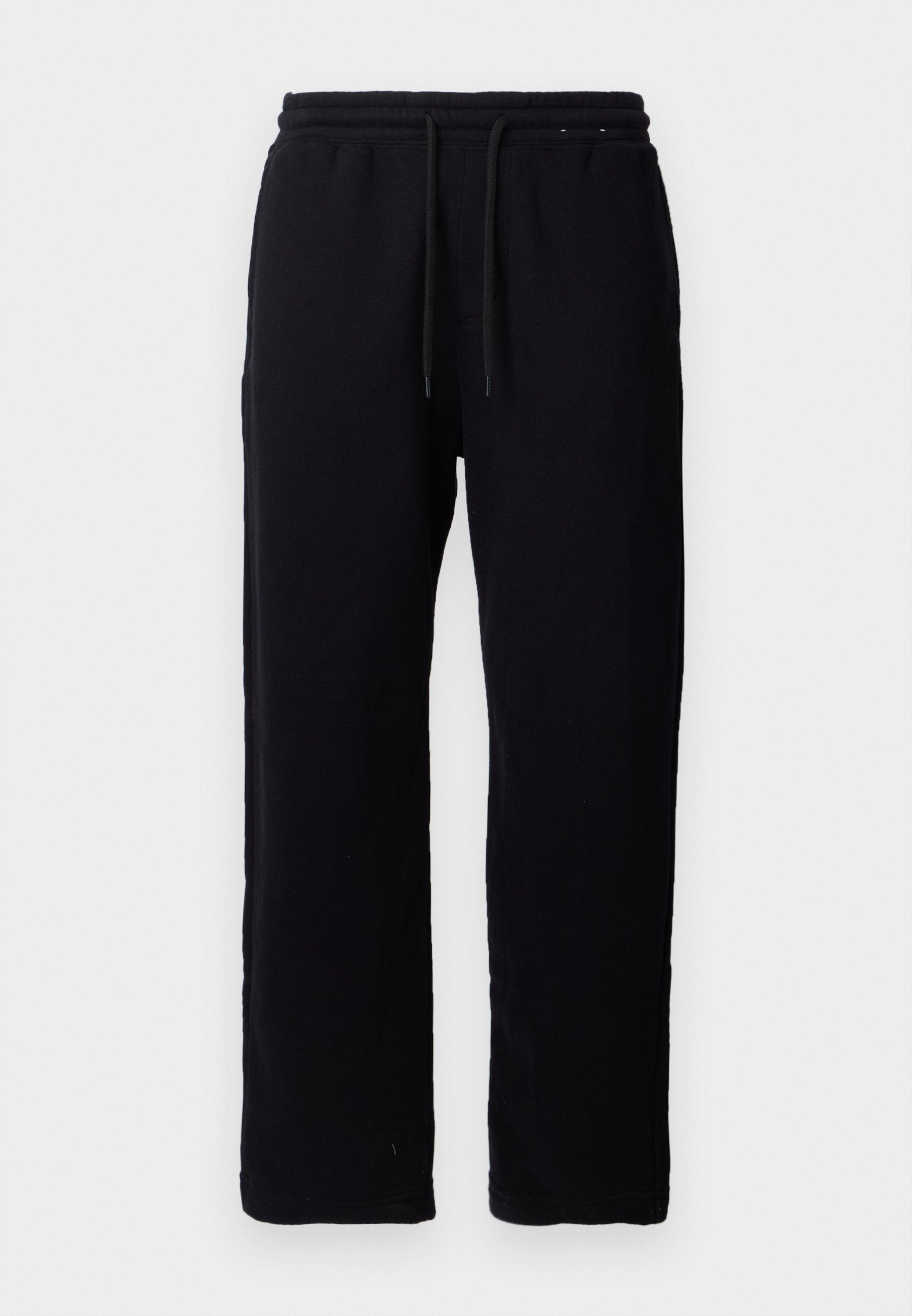 Schwarze Sweatpants aus Baumwolle mit einem elastischen Bund und Kordelzügen, geradem Bein Design und ohne sichtbare Muster oder Akzente.